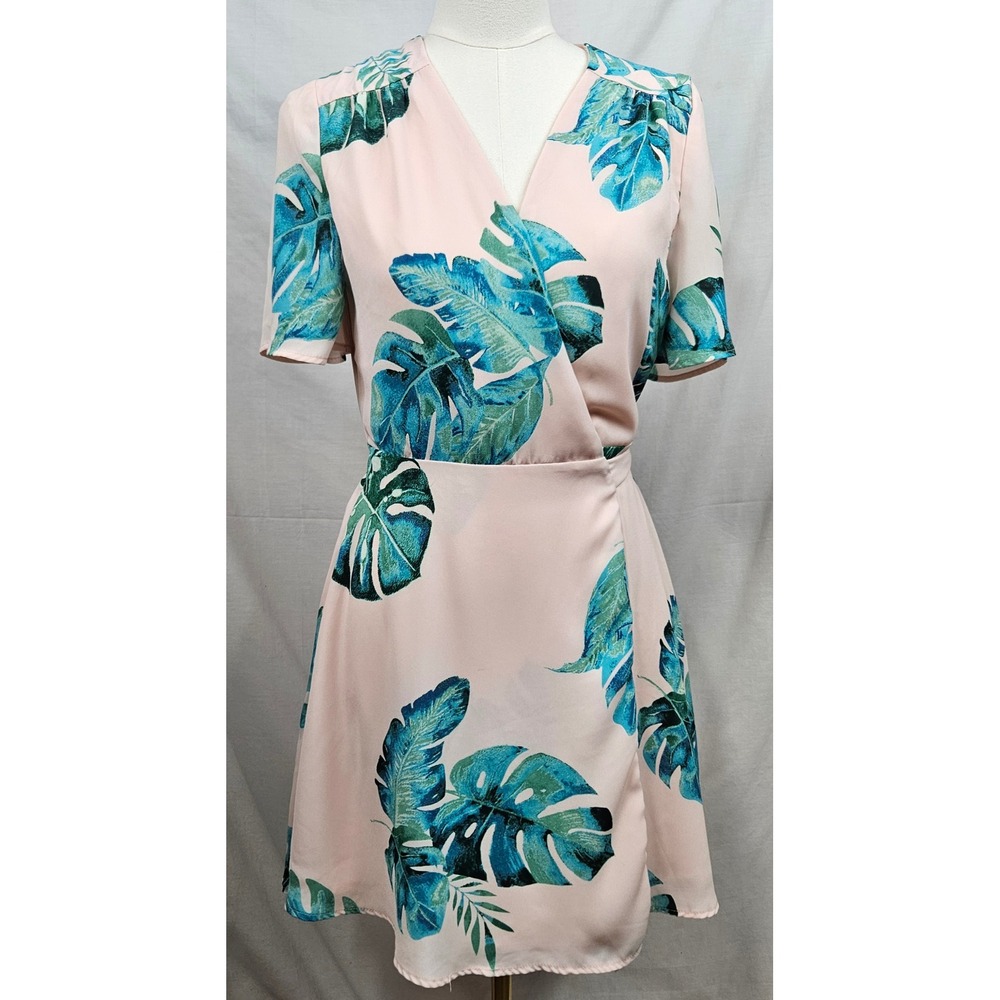 Lulus Pink Tropical Monstera Leaf Print Wrap Mini Dress Sm Short Sleeve Blush
